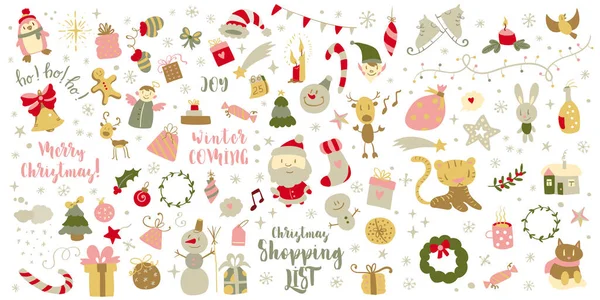 Big set of Christmas design element in doodle style. Mega set of sketches. Vector Vector Graphics