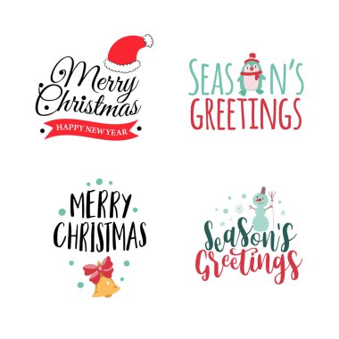 Dört tane Noel logosu ya da amblemi seti. Güzel bir çizgi film Noel ağacı. Vektör