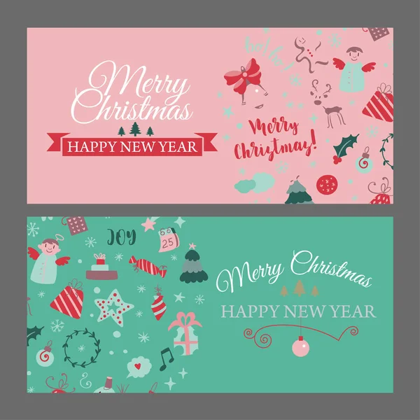 Σύνολο από web banners με χριστουγεννιάτικα σχεδιαστικά στοιχεία σε στυλ doodle. Χριστουγεννιάτικες κάρτες. Διάνυσμα — Διανυσματικό Αρχείο