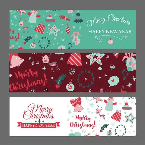 Set of web banners with Christmas design elements in doodle style. Christmas cards. Vector — Stock Vector