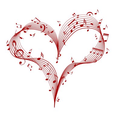 Notaları ve notaları olan bir müzik kalbi. Romantik müzik için tasarım öğesi. Sevgililer günü kartı. Vektör