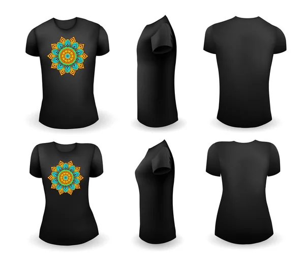 T shirt nera maschile e femminile modello realistico con mandala. Vista frontale, laterale e posteriore. Vettore — Vettoriale Stock