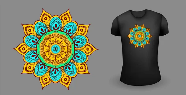 Camiseta masculina negra realista con mandala. Vector — Archivo Imágenes Vectoriales