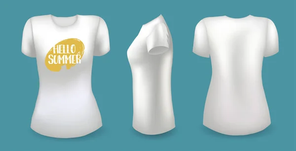 Λευκό γυναικείο t-shirt με ετικέτα. Μπροστά, πίσω και πλαϊνή άποψη. Γεια σου καλοκαιρινό σήμα. Διάνυσμα — Διανυσματικό Αρχείο