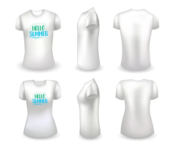 T-shirt bianca maschio e femmina modello realistico e t-shirt bianca con etichetta. Salve, distintivo estivo. Vettore — Vettoriale Stock