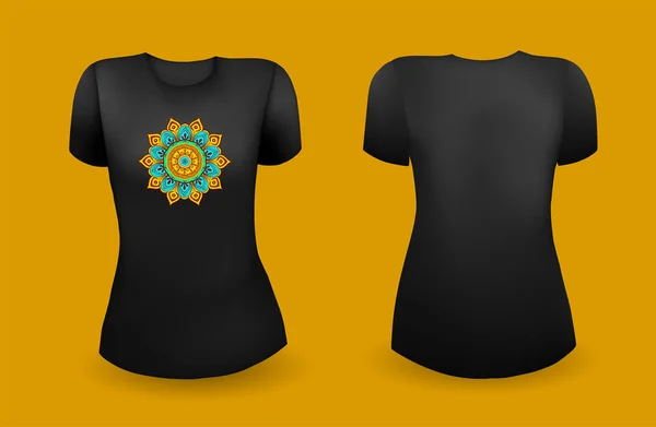 Schwarzes Frauen T-Shirt realistische Vorlage mit Mandala, Vorder- und Rückansicht. Vektor — Stockvektor