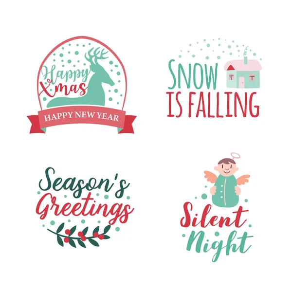 Set de cuatro logotipos o insignias navideñas. Lindo árbol de Navidad de dibujos animados. Vector — Vector de stock