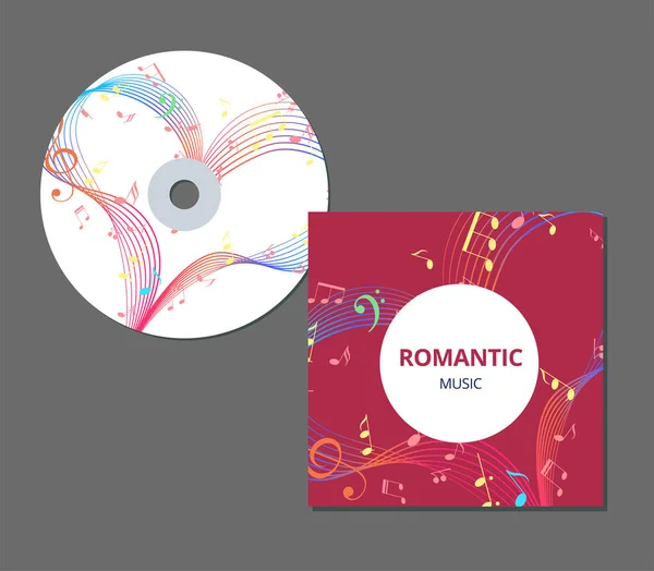 Disegno del modello di copertina CD con cuore musicale. Musica romantica. Vettore — Vettoriale Stock