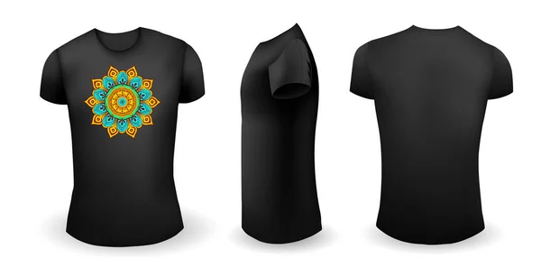 Schwarzes T-Shirt mit Mandala für Männer. Vorder-, Rück- und Seitenansicht. Vektor — Stockvektor