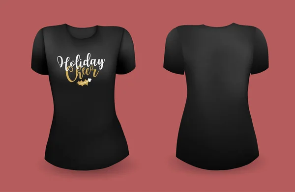 Schwarzes Frauen T-Shirt realistische Vorlage mit Etikett, Vorder- und Rückansicht. Feiertags-Prost-Plakette. Weihnachtsemblem auf T-Shirt. Vektor — Stockvektor