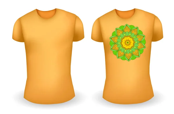 Branco laranja macho t-shirt modelo realista e laranja t-shirt com mandala. Vetor — Vetor de Stock
