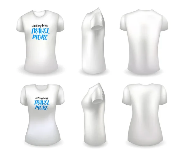 Branco branco masculino e feminino t-shirt modelo realista e branco t-shirt com etiqueta. Preocupe-se menos viajar mais crachá. Vetor — Vetor de Stock