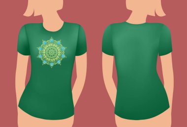 Mavi kadın tişörtü mandala ile gerçekçi bir şablon. Ön ve arka manzara. Vektör