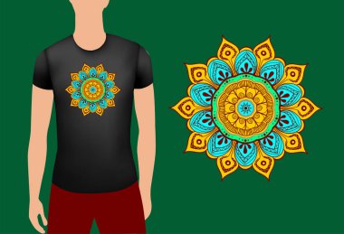 Siyah erkek gerçekçi tişörtü ve mandala. Vektör