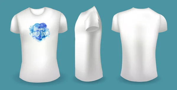 Weißes T-Shirt für Männer mit Etikett. Vorder-, Rück- und Seitenansicht. Reiseweltreisenabzeichen. Vektor — Stockvektor