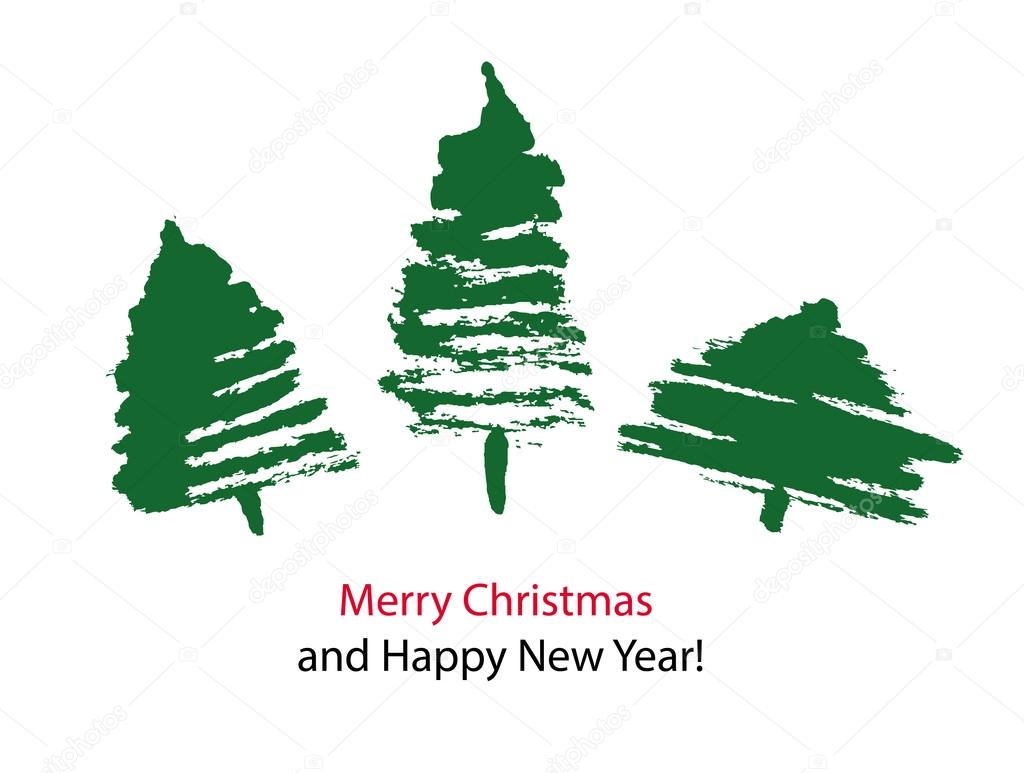 Cartolina di Natale con tre alberi di Natale disegnati a mano — Vettoriale Stock