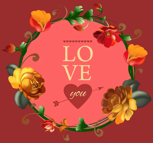 Floral Love you card with flowers. — Stock Vector