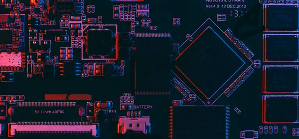 Concepto Tecnología Hardware Luz Neón Placa Base Luz Azul Roja —  Fotos de Stock