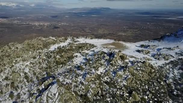 Aerial View Snow Covered Madrid Mountains Winter Morning — Stock Video