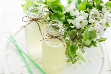 İki şişe elma armut çiçeği dekore edilmiştir. Seçici odak