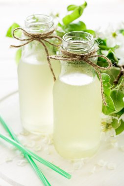 İki şişe elma armut çiçeği dekore edilmiştir. Seçici odak