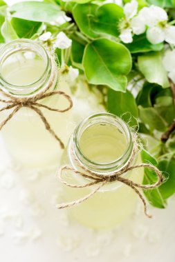 İki şişe elma armut çiçeği dekore edilmiştir. Seçici odak