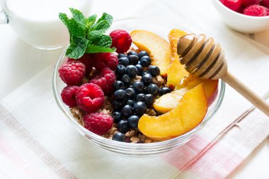 Sağlıklı Kahvaltı: bal, süt ve bir kase taze çilek ile müsli