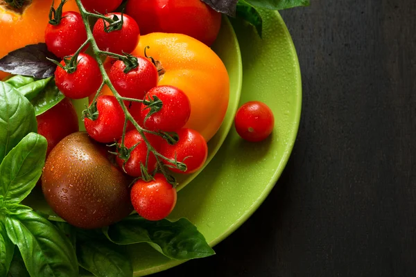 Variety of tomatoes and basil — Stock Photo, Image