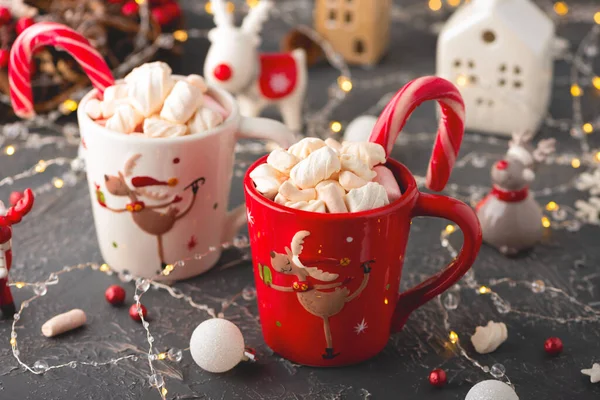 Christmas Hot Chocolate Marshmallow Sweet Cane Gray Concrete Table Traditional — Stock Photo, Image