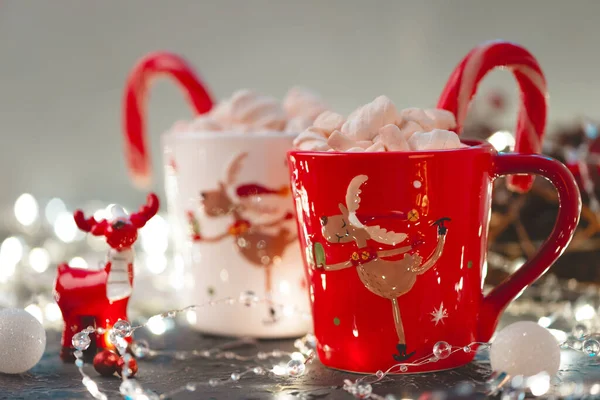 Kerst Warme Chocolademelk Met Marshmallow Zoete Riet Grijze Betonnen Tafel — Stockfoto