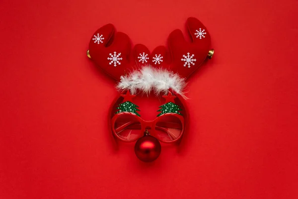 Christmas Reindeer Made Decorations Red Background Flat Lay Christmas New — Stock Photo, Image