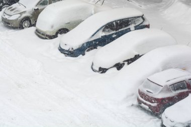 Kar yağdıktan sonra karla kaplı arabalar. Şubat karı