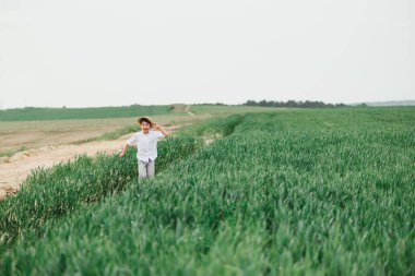 Gökyüzüne karşı yeşil çimlerde koşan mutlu çocuk. Yumuşak odaklanma. Yaz etkinlikleri