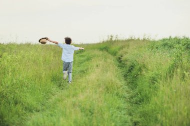 Gökyüzüne karşı yeşil çimlerde koşan mutlu çocuk. Yumuşak odaklanma. Yaz etkinlikleri