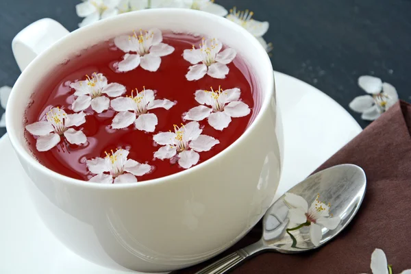 暗い背景の桜とお茶 — ストック写真