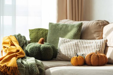 Autumn Sofa Styling with Textured Pillows, Fabric Pumpkins, and Cozy Blankets