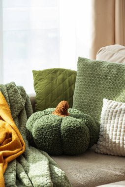 Autumn Sofa Styling with Textured Pillows, Fabric Pumpkins, and Cozy Blankets
