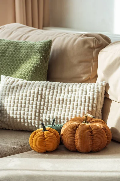 Autumn Sofa Styling with Textured Pillows, Fabric Pumpkins, and Cozy Blankets