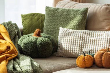 Autumn Sofa Styling with Textured Pillows, Fabric Pumpkins, and Cozy Blankets