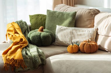 Autumn Sofa Styling with Textured Pillows, Fabric Pumpkins, and Cozy Blankets