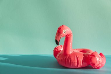 Turkuaz Arkaplanda Pembe Flamingo Şekli Havuz Şamandırası. Ön görünüm