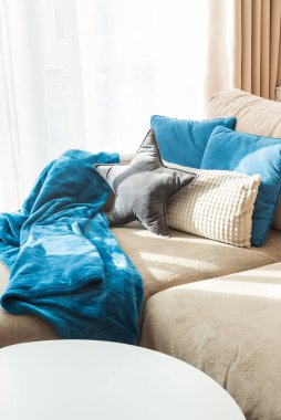 Kahve Masası, Yastıklar, Mavi Battaniye ve Doğal Güneş Işıklı Odaksız Oturma Odası