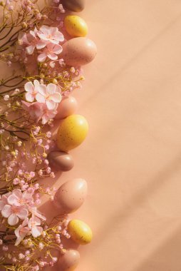 Şeftalili Paskalya Yumurtaları ve Kiraz Çiçekleri. Neşeli Bahar Flatlay