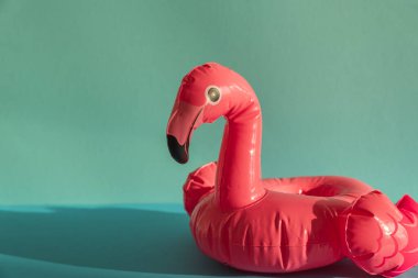 Pembe Flamingo Şekli Havuz Şamandırası Güneş Işığı Altında Turkuaz Su Altında. Ön görünüm