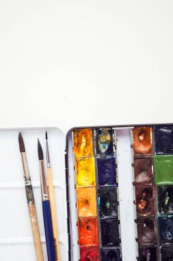Beyaz arkaplanda fırça olan suluboya palet. Renkli parlak suluboya paleti. Metin için alanı kopyala
