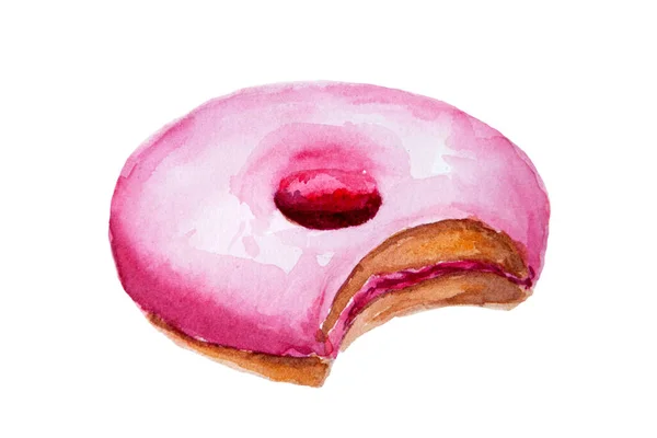 Акварельный Рисунок Пончика Розовой Глазурью Изолирован Белом Фоне Ручная Расписка — стоковое фото