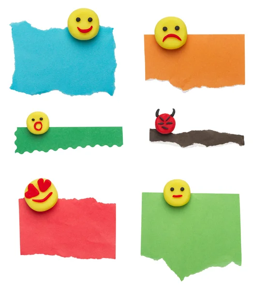 Set aus bunt zerrissenem Papier mit Knetgummi-Emotion isoliert auf weiß — Stockfoto