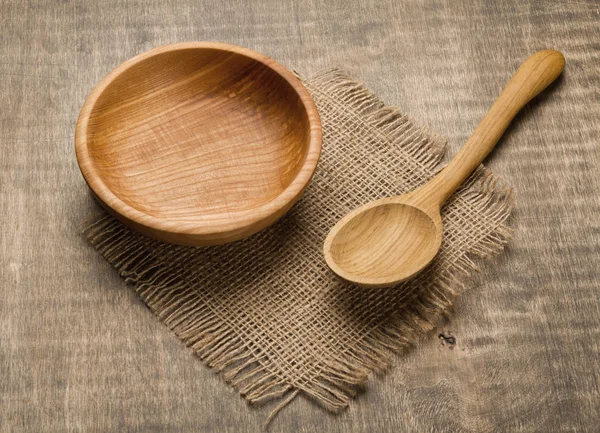 Fából készült bowl és kanál — Stock Fotó