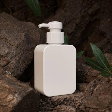 Kayalık bir ortamda kozmetik için beyaz pompa şişesi.