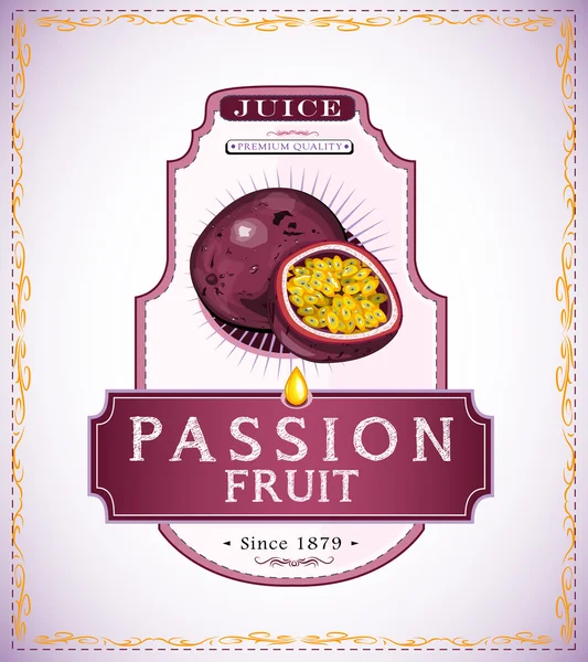 Etiqueta del producto fruta de la pasión madura — Vector de stock